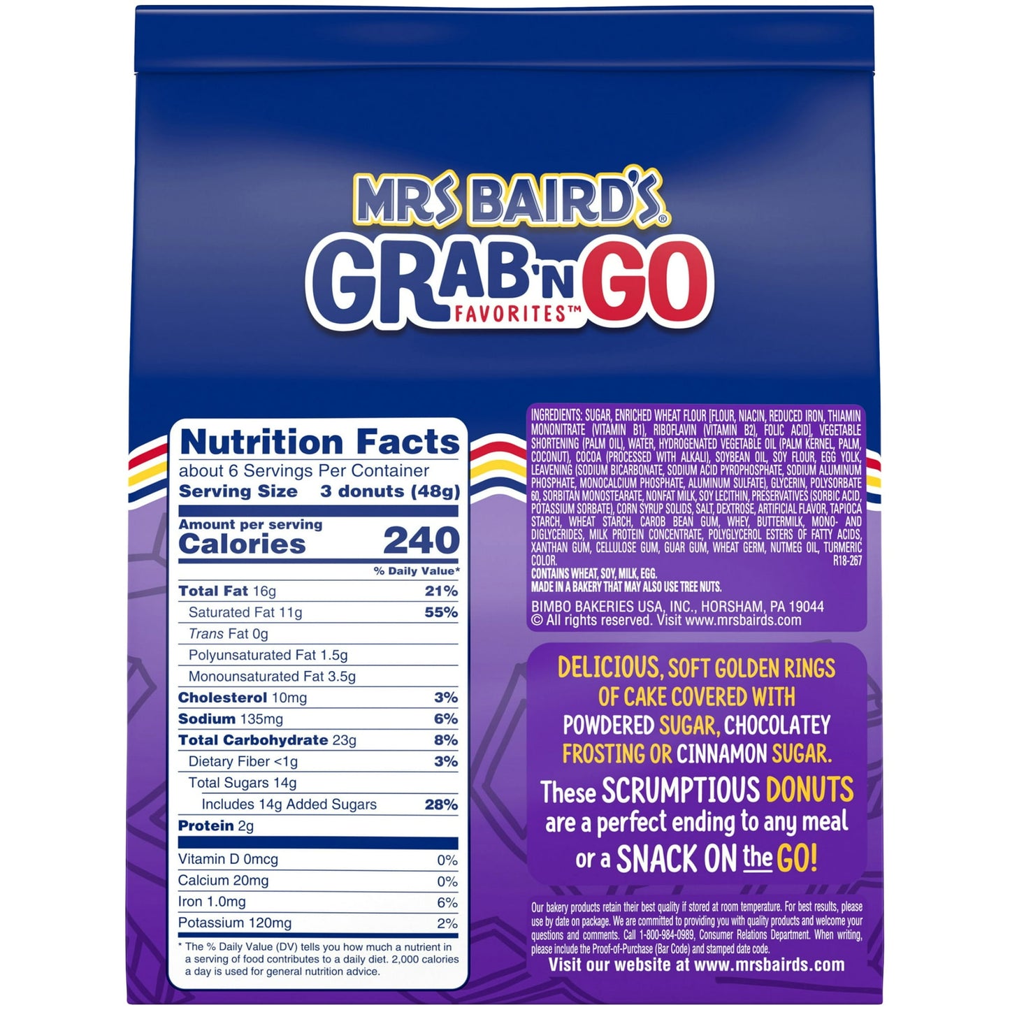 Mrs Baird's Grab 'n Go Favorites Frosted Donuts, 10.5 oz, Chocolate Donuts, Bag, Pack of 4