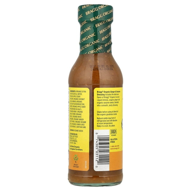 Bragg Organic Ginger Sesame Salad Dressing and Marinade with Apple Cider Vinegar, 12 fl oz Bottle, Pack of 4