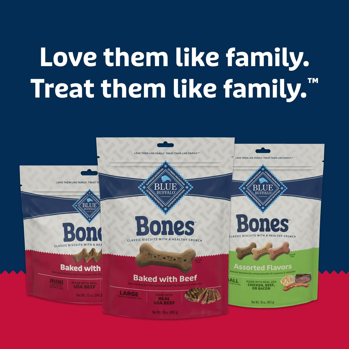 Blue Buffalo Bones Natural Crunchy Dog Treats, Large Dog Biscuits, Beef 16-oz, Pack of 4