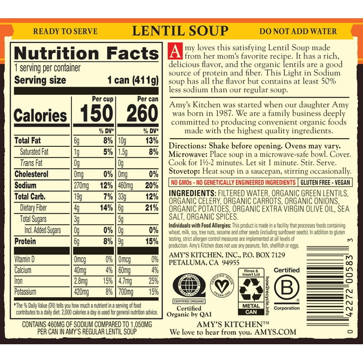 Amy's Organic Lentil Soup Light Sodium 14.5 oz, Pack of 2
