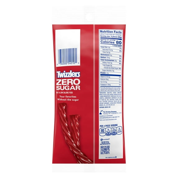Twizzlers Zero Sugar Twists Strawberry Flavored Licorice Style Candy, Bag 5 oz, Pack of 4