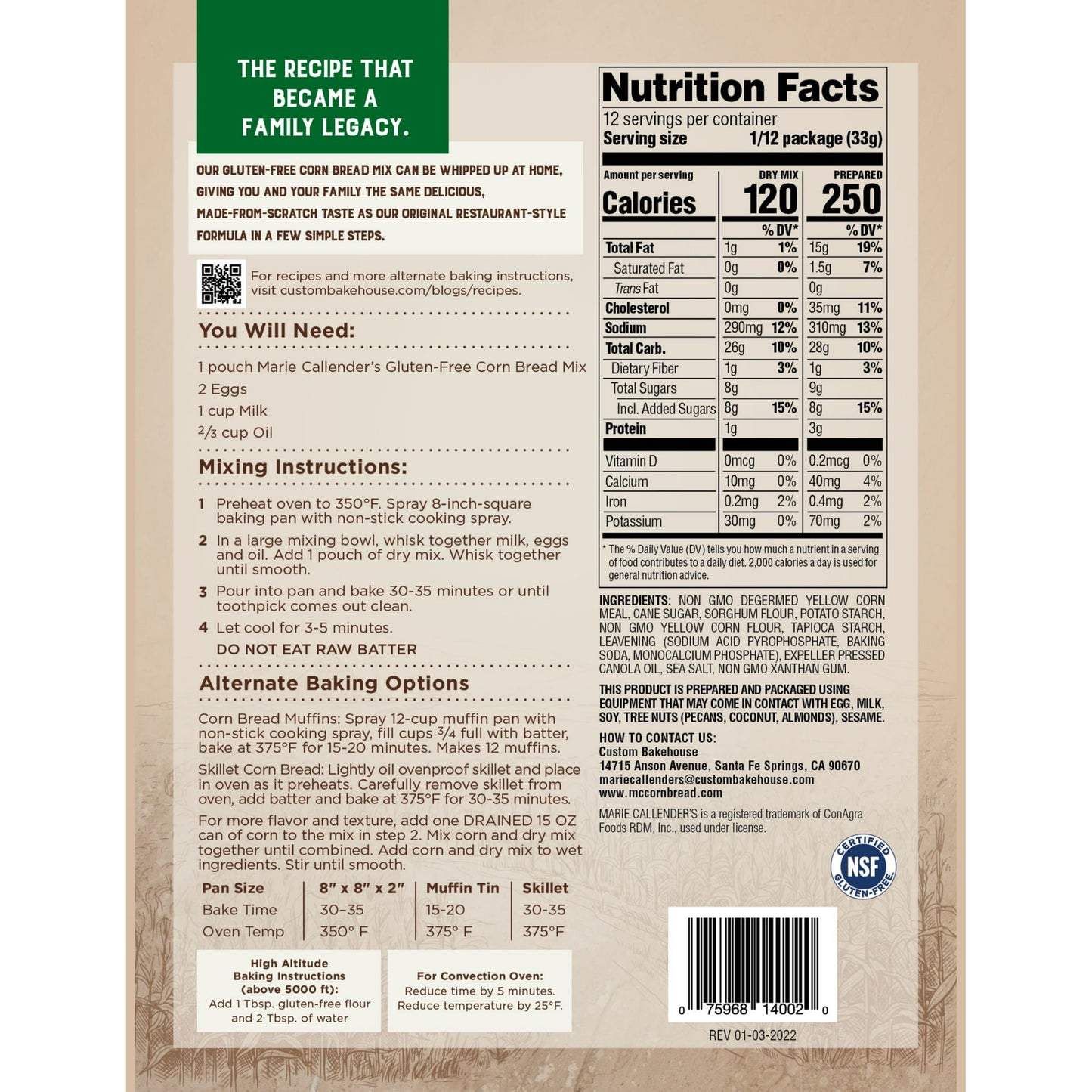 Marie Callender's Gluten Free Corn Bread Pouch, 14oz
