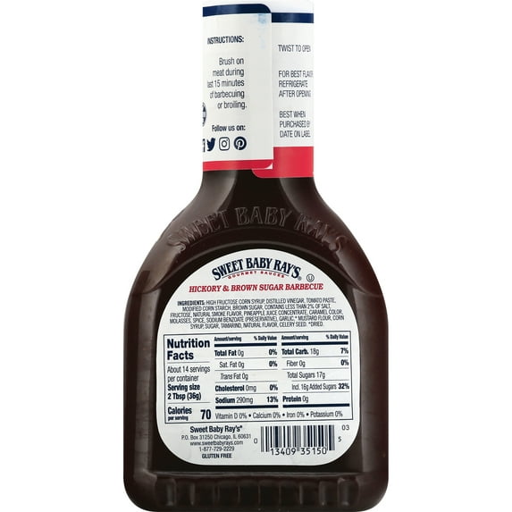 Sweet Baby Ray's Hickory & Brown Sugar Barbecue Sauce, 18.0 OZ (Pack of 3)