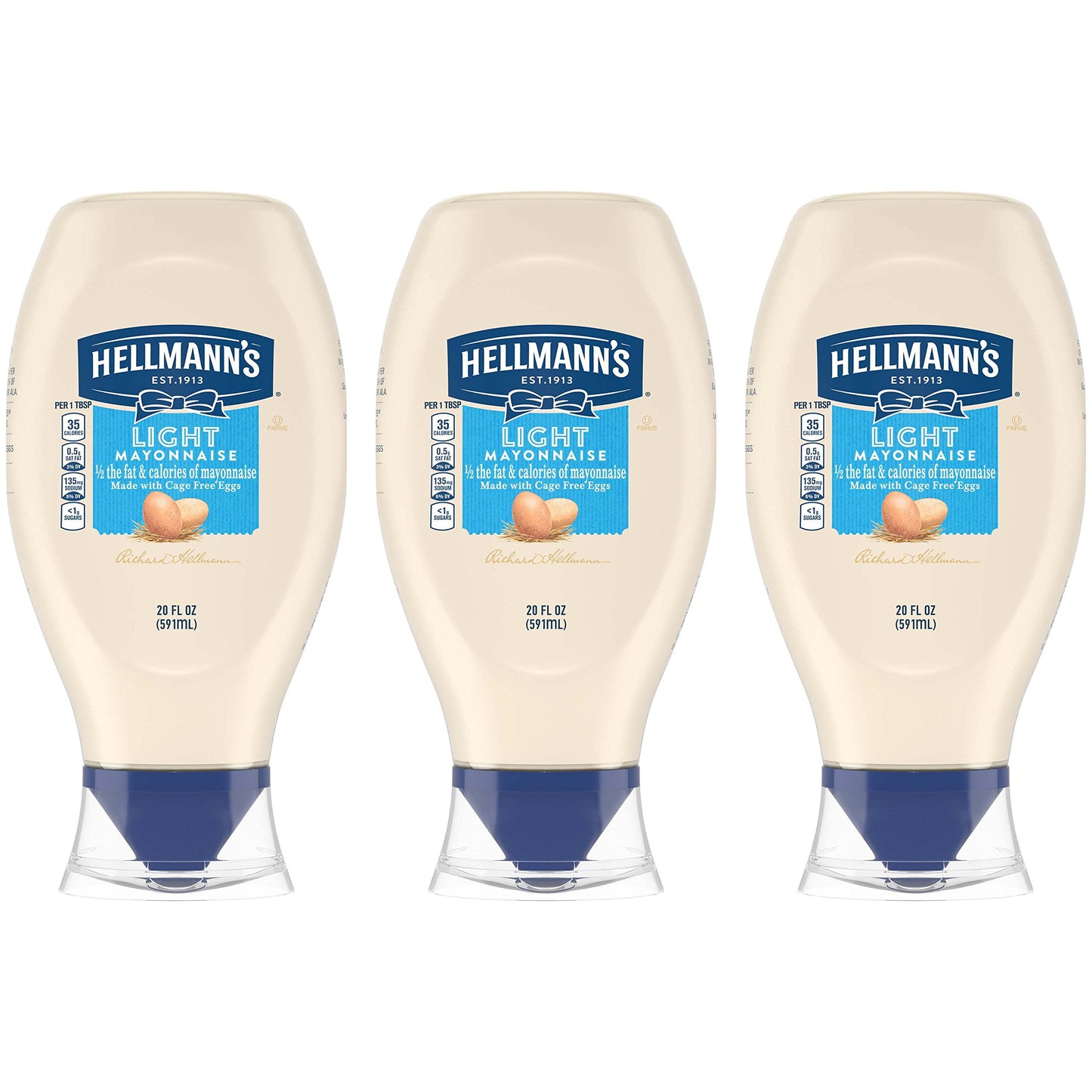 Hellmann's Light Mayonnaise, Squeeze Bottle, 20 oz, Pack of 3