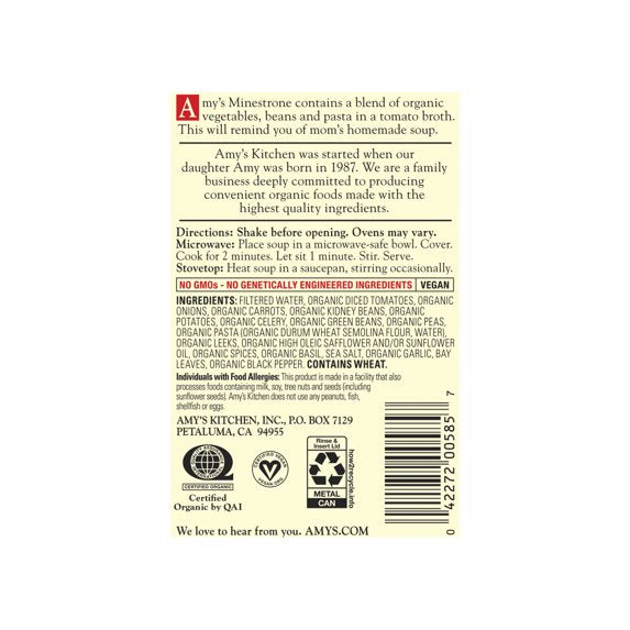 Amy's Organic Minestrone Soup Light in Sodium Vegan Low Fat 14.1 oz, Pack of 4