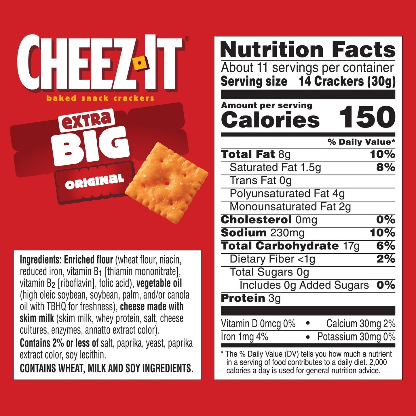 Cheez-It Extra Big Cheese Crackers, Baked Snack Crackers, 11.7 oz, Pack of 4
