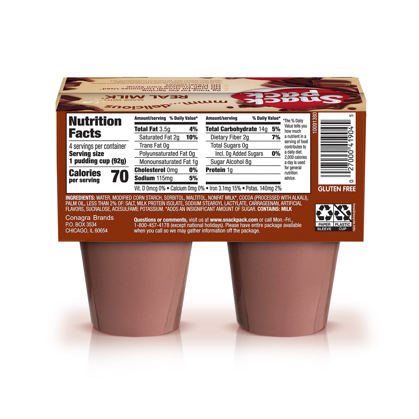 Snack Pack Zero Sugar Chocolate Pudding, Lunchbox Snack, 3.25 oz Pudding Cups, 4 Count, Pack of 4