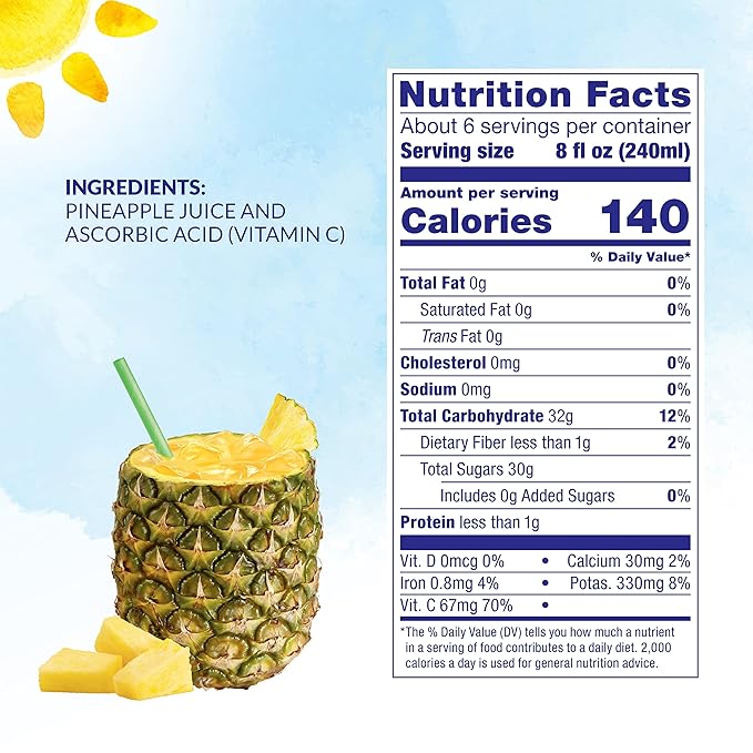 Dole All Natural 100% Pineapple Juice, 46 fl oz Can (Pack of 2)