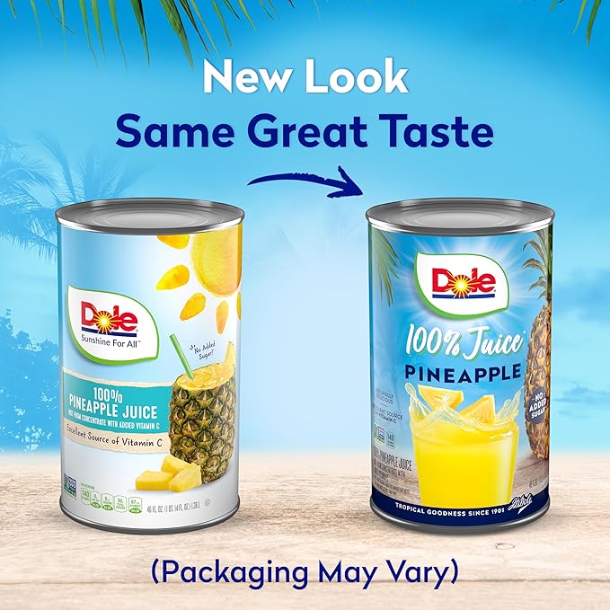 Dole All Natural 100% Pineapple Juice, 46 fl oz Can (Pack of 2)