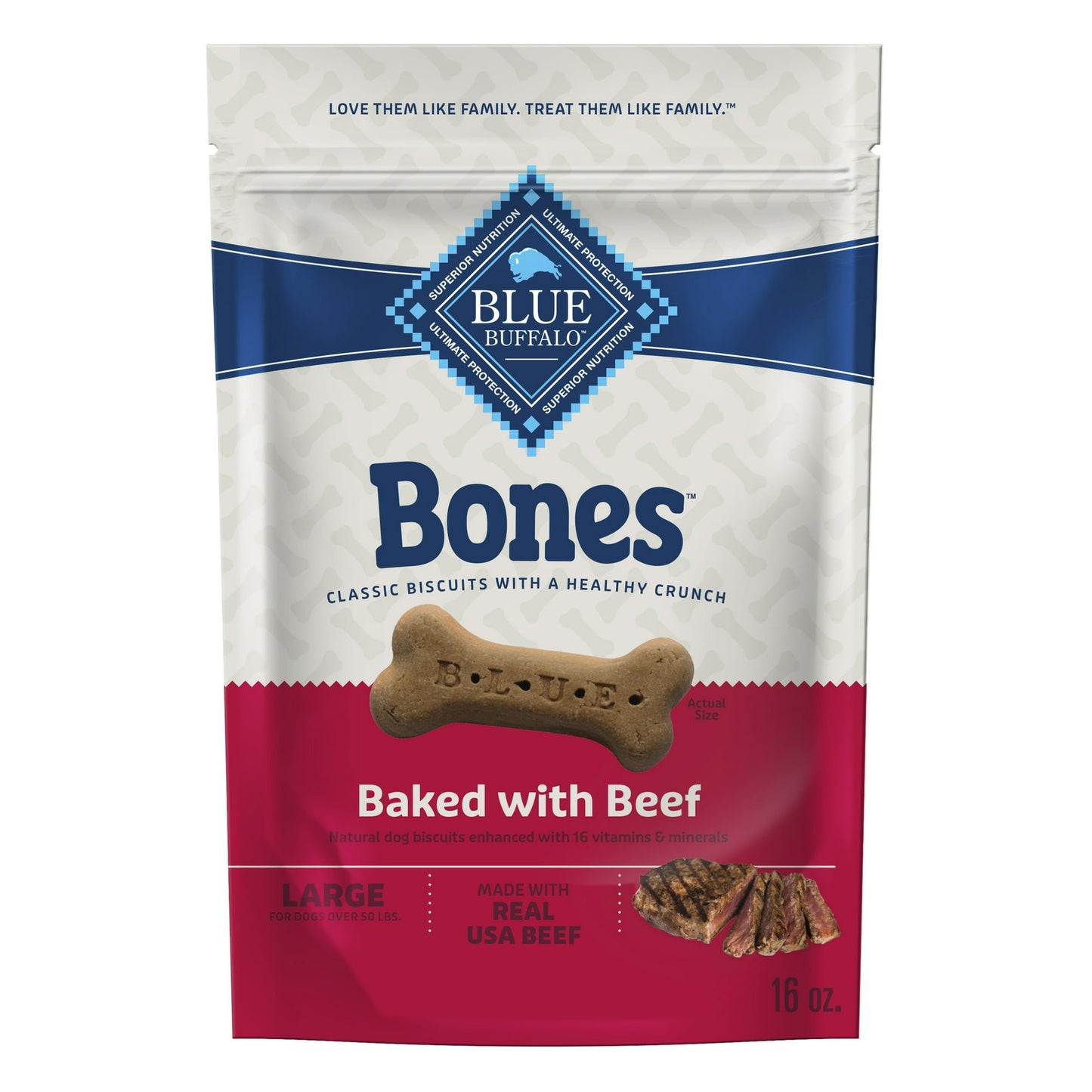 Blue Buffalo Bones Natural Crunchy Dog Treats, Large Dog Biscuits, Beef 16-oz, Pack of 4