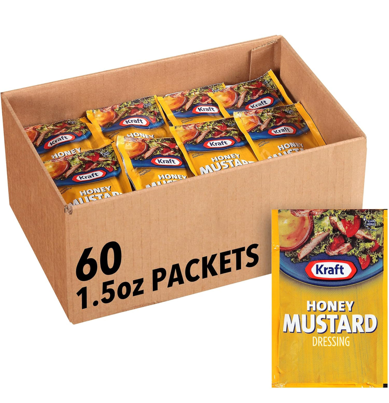 Kraft Honey Mustard Salad Dressing Single Serve Packet (1.5 oz Packets, Pack of 60)