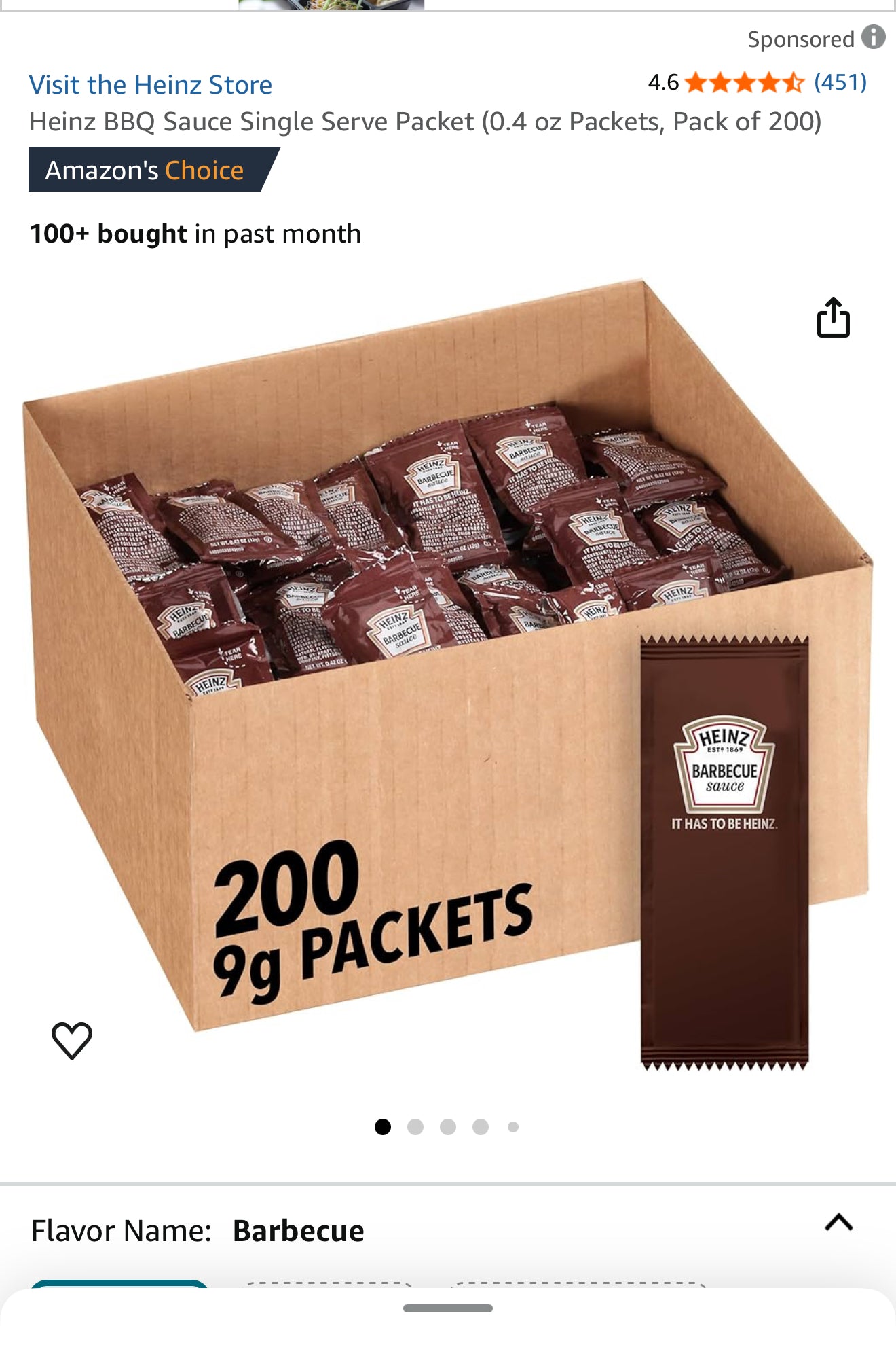 Heinz BBQ Sauce Single Serve Packets, .4 oz (Box of 200)