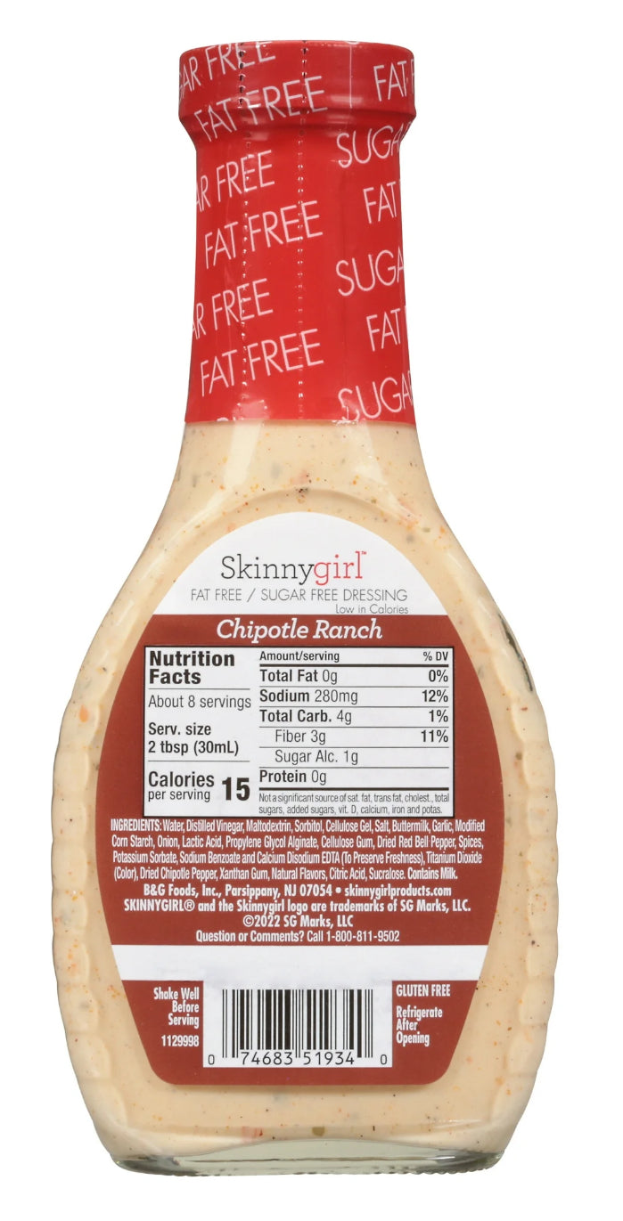 Skinnygirl, Fat-Free, Sugar-Free Chipotle Ranch Dressing, 8 fl oz (Pack of 4)