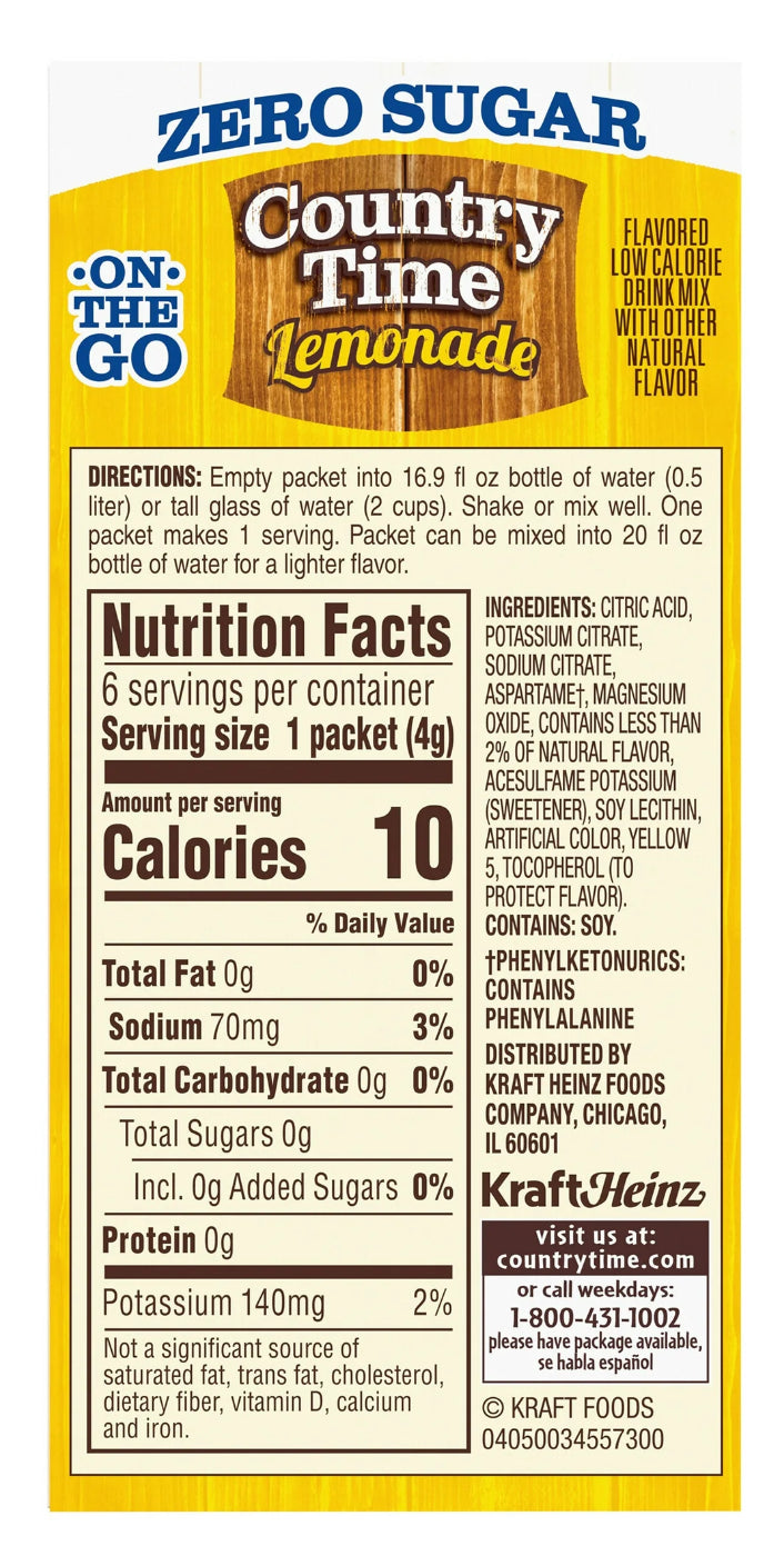 Country Time On-The-Go Powdered Drink Mix, Zero Sugar Lemonade, 6 ct - Packets (Pack of 3)