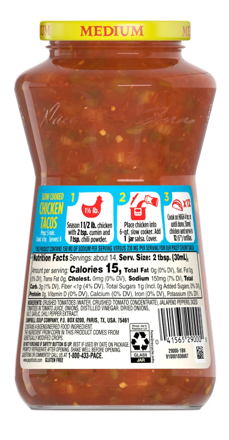 Pace Lower Sodium Chunky Medium Salsa, 16 oz Jar