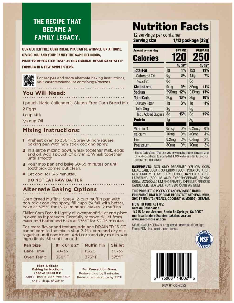 Marie Callender's Gluten Free Corn Bread Pouch, 14oz (Pack of 4)