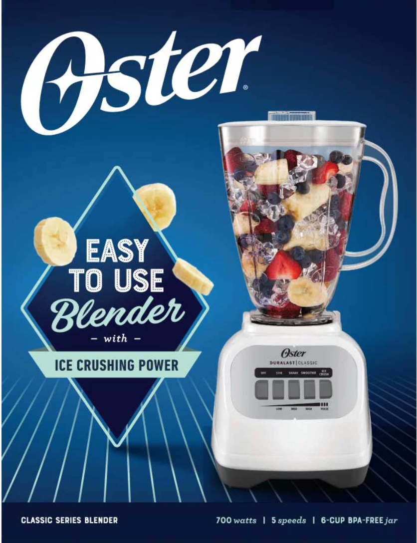 Oster Classic Series 5-Speed Blender with Plastic Jar - White, 6 cup