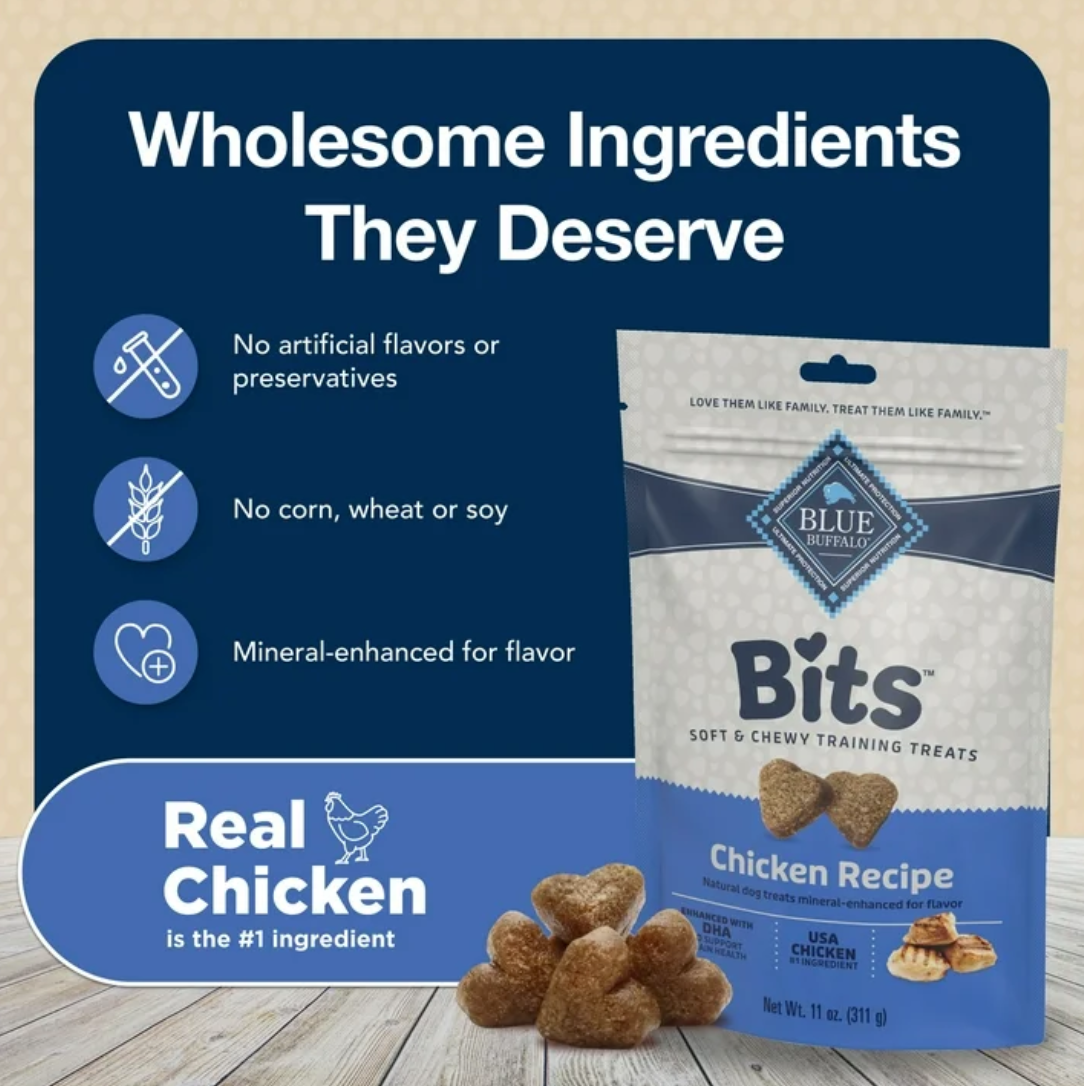 Blue Buffalo Bits Soft Dog Treats for Training, Enhanced with DHA, 4oz. Bag (Pack of 2)