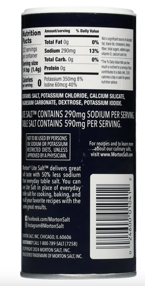 Morton® Lite Salt, Low Sodium for a Heart Healthy Salt Alternative, 11 oz (Pack of 4)