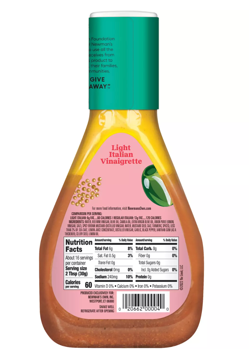 Newman's Own Light Italian Vinaigrette, 16 oz Bottles (Pack of 4)