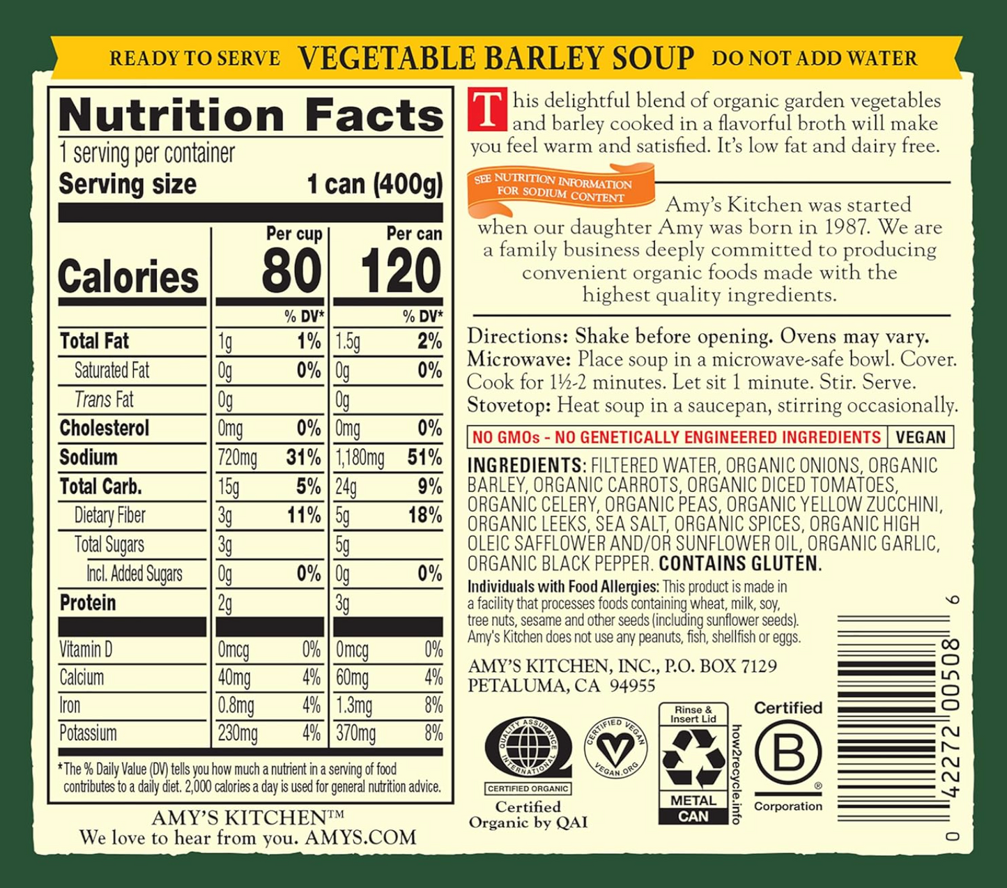 Amy's Organic Soup Low Fat Vegetable Barley 14.1 fl oz (Pack of 4)