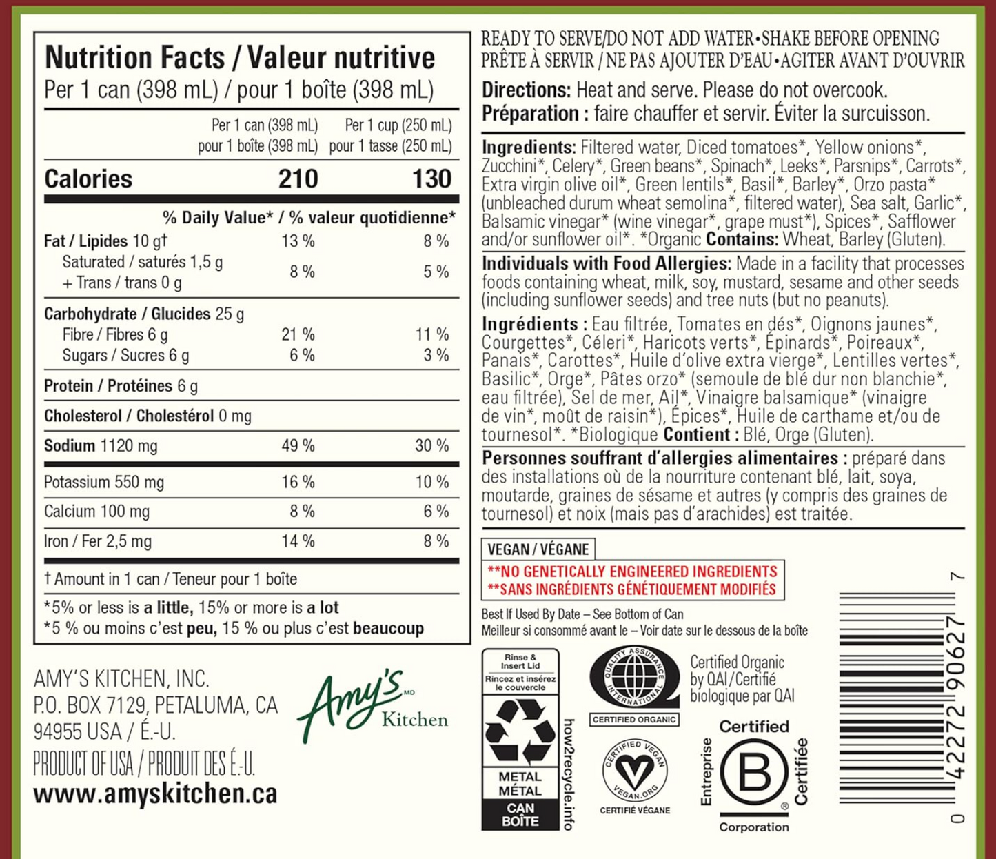 Amy's Organic Hearty Minestrone with Vegetables, 14.1 oz, Pack of 2