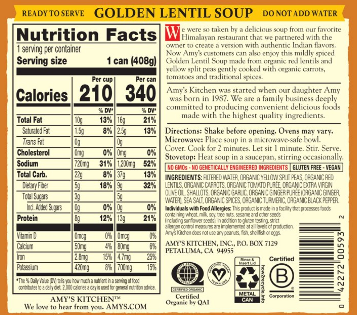 Amy's Organic Soup Golden Lentil 14.4 fl oz Pack of 4