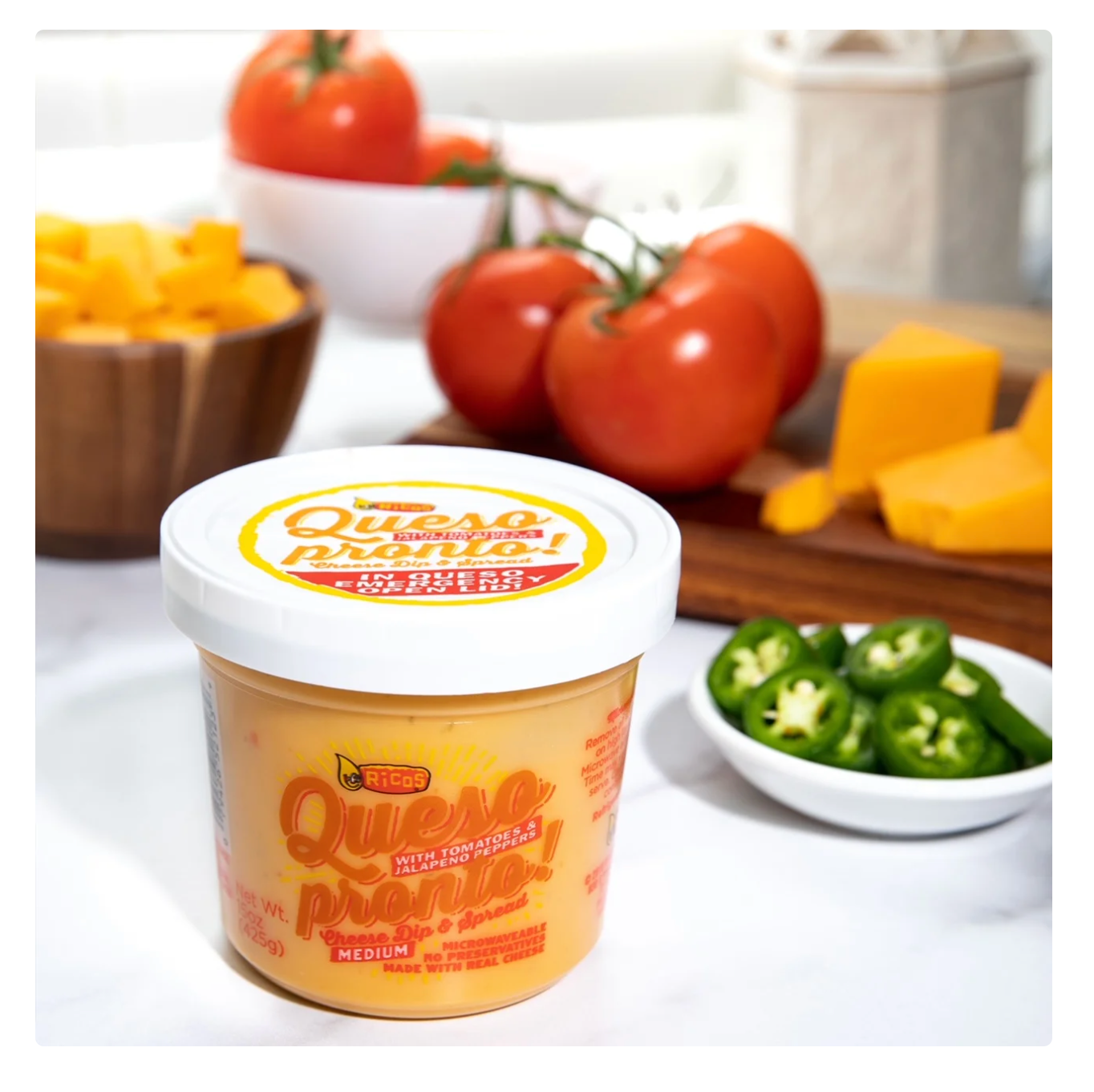 Ricos® Queso Pronto Medium Yellow Cheese Dip & Spread with Tomato and Jalapeno, 15 oz (Pack of 4)