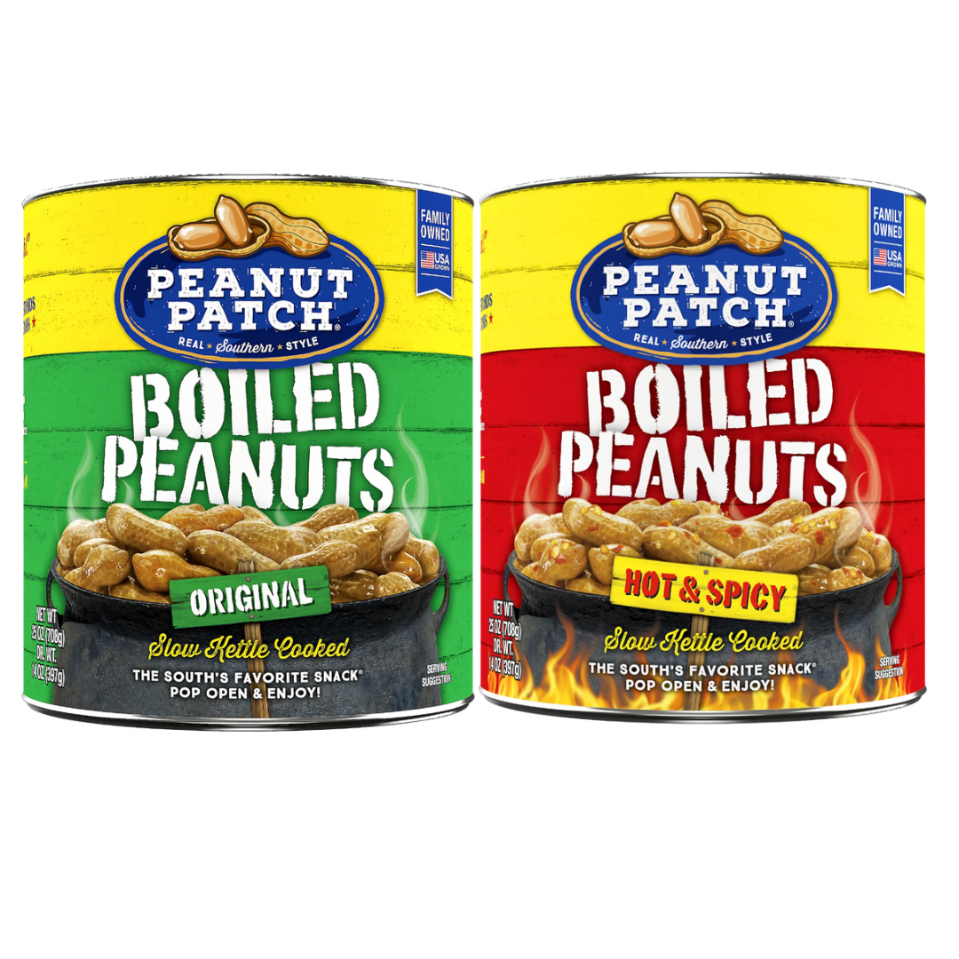 Peanut Patch Boiled Peanuts Duo – Hot & Spicy (25 oz) + Original (25 oz) Can