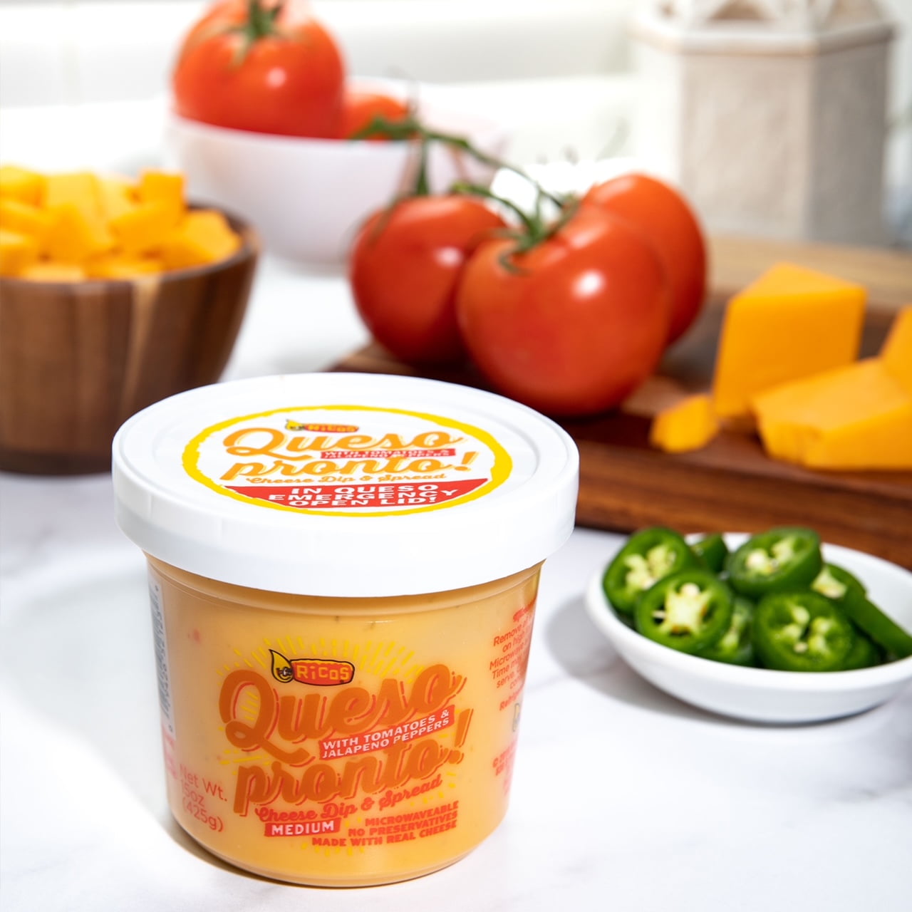 Ricos® Queso Pronto Medium Yellow Cheese Dip & Spread with Tomato and Jalapeno, 15 oz Tub, (Pack of 2)