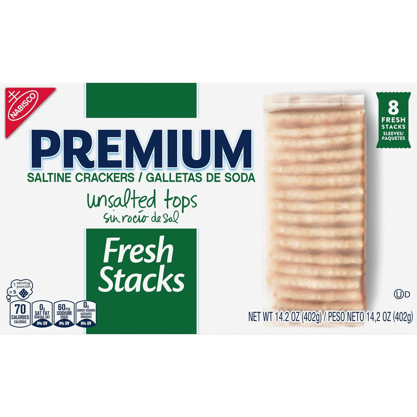 Premium Fresh Stacks Unsalted Tops Saltine Crackers, Travel Snacks, 14.2 oz (8 Multi Snack Packs) (Pack of 4)