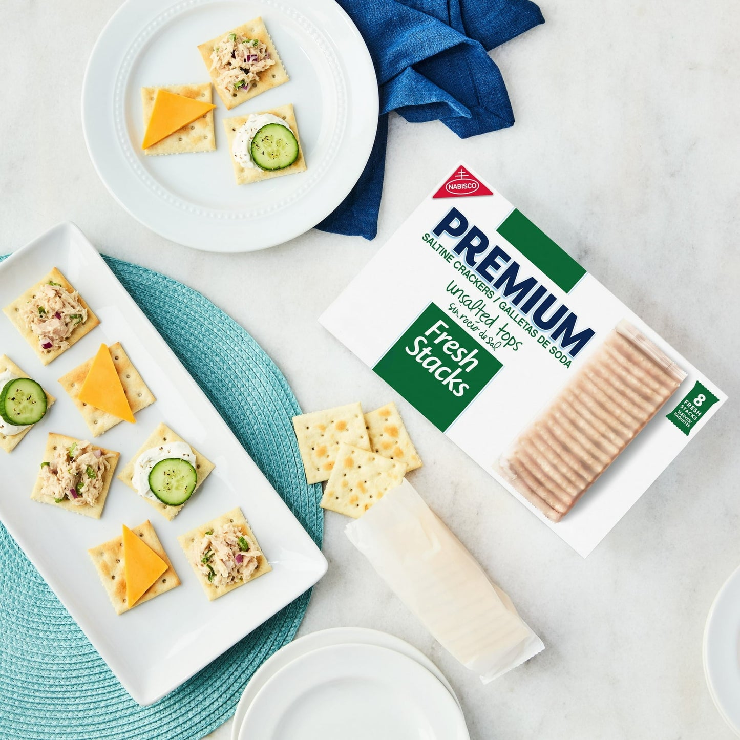 Premium Fresh Stacks Unsalted Tops Saltine Crackers, Travel Snacks, 14.2 oz (8 Multi Snack Packs) (Pack of 4)