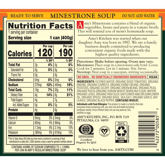 Amy's Organic Minestrone Soup Light in Sodium Vegan Low Fat 14.1 oz, Pack of 4