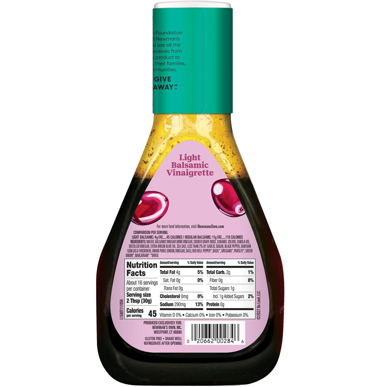 Newman's Own Salad Dressing, Light Balsamic Vinaigrette, 16oz bottle, Pack of 2