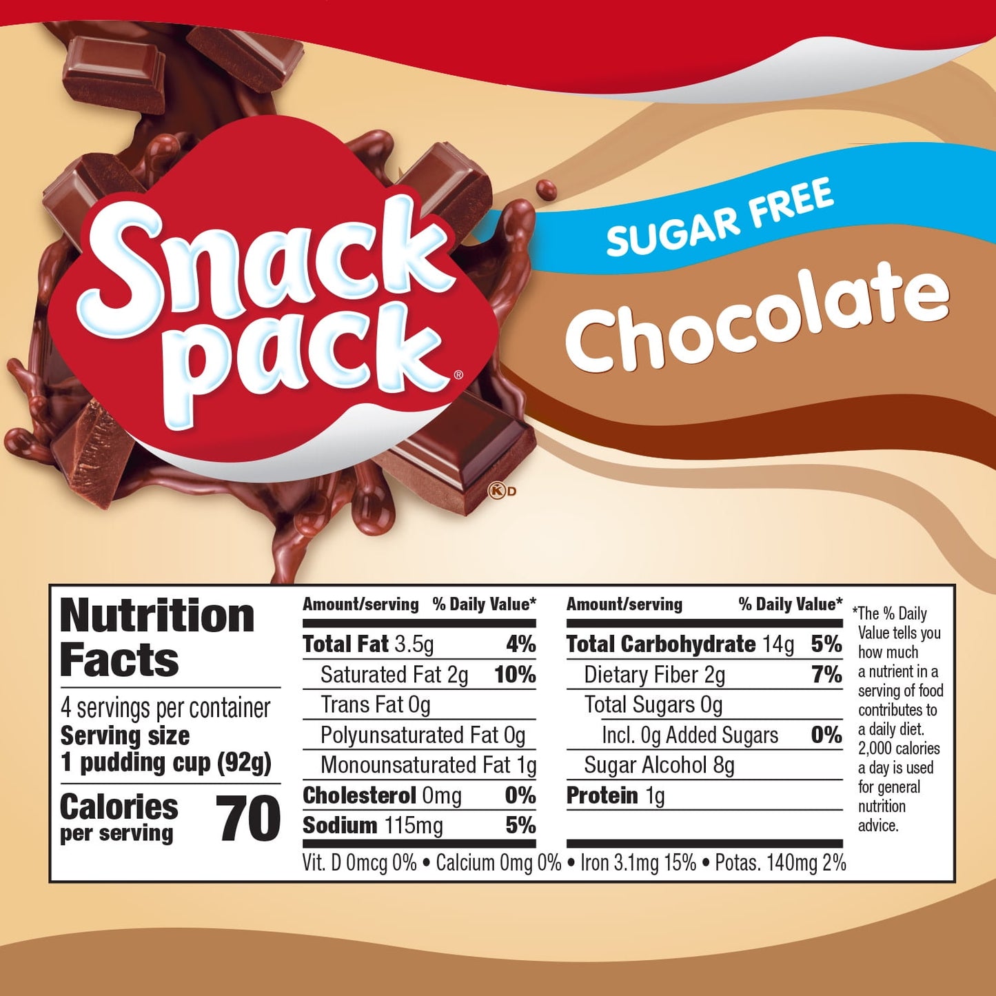 Snack Pack Zero Sugar Chocolate Pudding, Lunchbox Snack, 3.25 oz Pudding Cups, 4 Count, Pack of 4