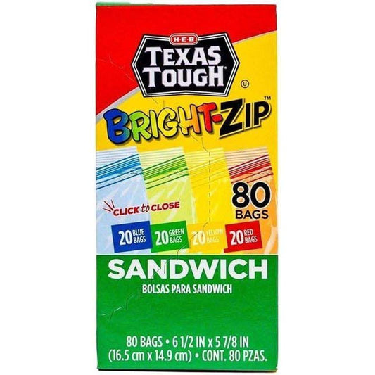 H‑E‑B Texas Tough Double Zipper Sandwich Bags - Assorted Colors, 80 ct (Pack of 2)