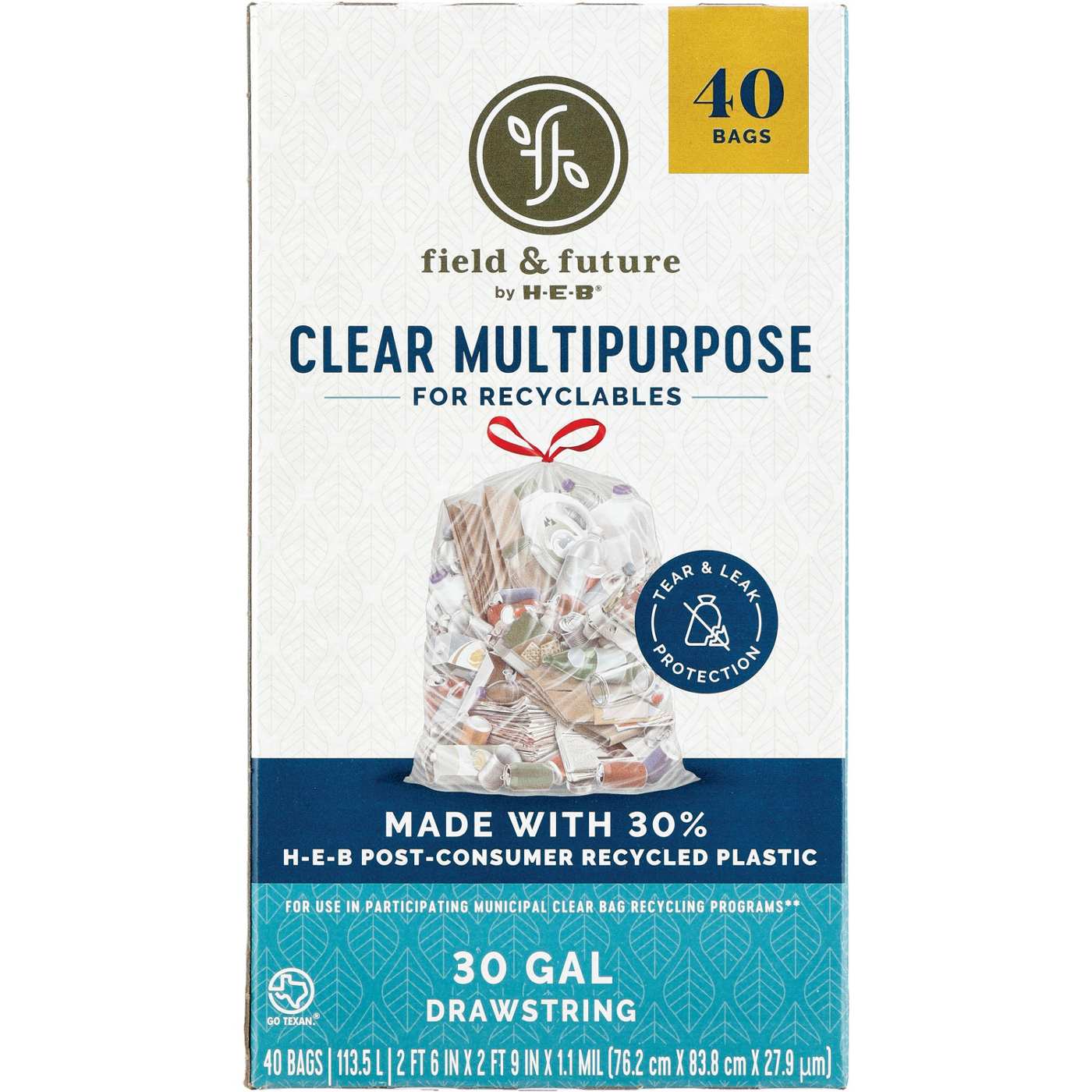 Field & Future by H‑E‑B Clear Bags for Recyclables, 30 Gallon, 40 ct (Pack of 2)