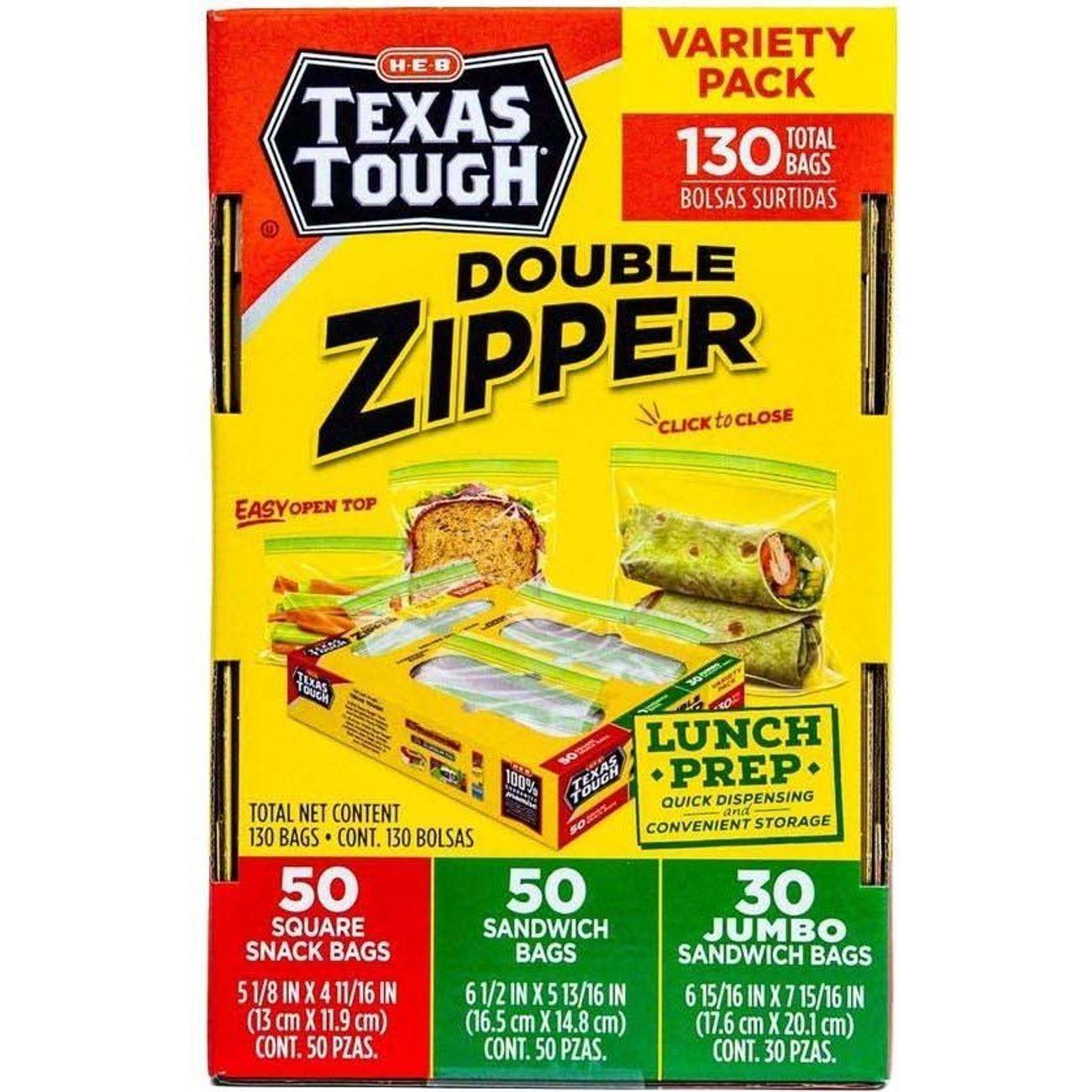 H‑E‑B Texas Tough Double Zipper Sandwich Bags Lunch Prep Variety Pack, 130 ct (Pack of 2)