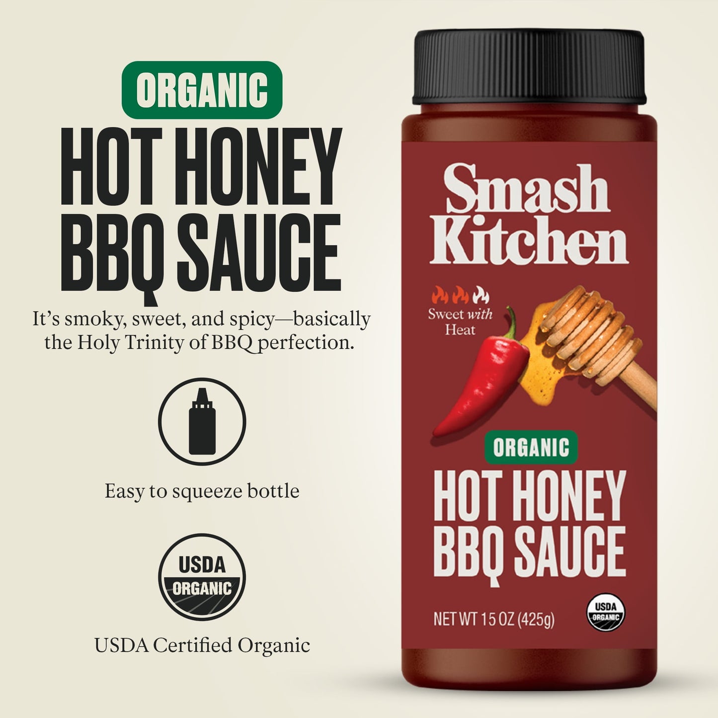Smash Kitchen Organic Hot Honey BBQ Sauce, 15 oz Bottle(Pack of 2)