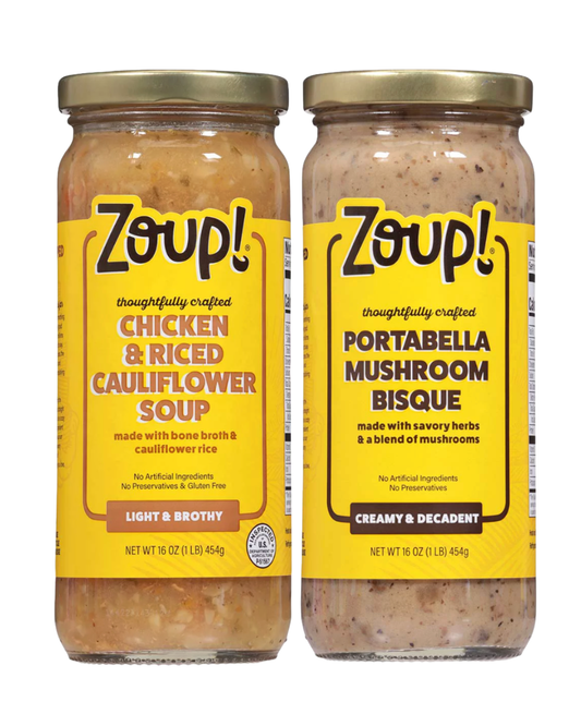 Zoup! Chicken & Riced Cauliflower Soup and Portobello Mushroom Bisque, Shelf-Stable, 16 oz Glass Jars