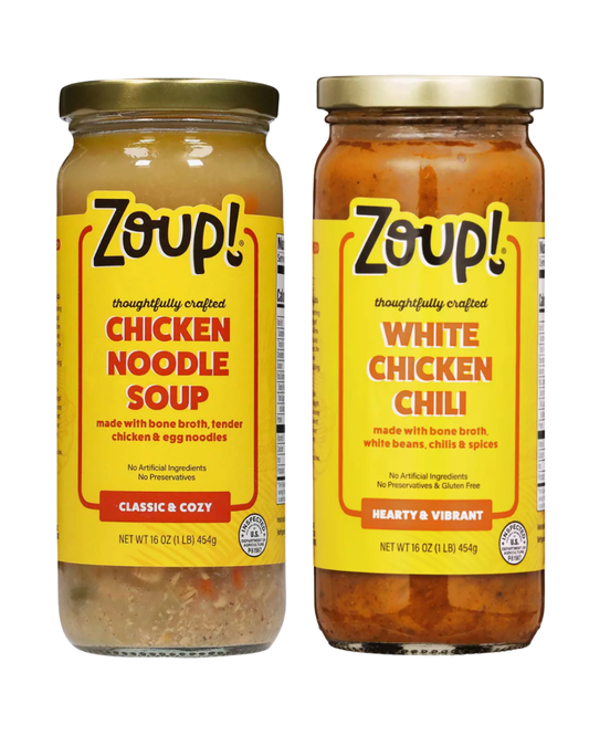 Zoup! Chicken Noodle Soup & White Chicken Chili, Shelf-Stable, 16 oz Glass Jars