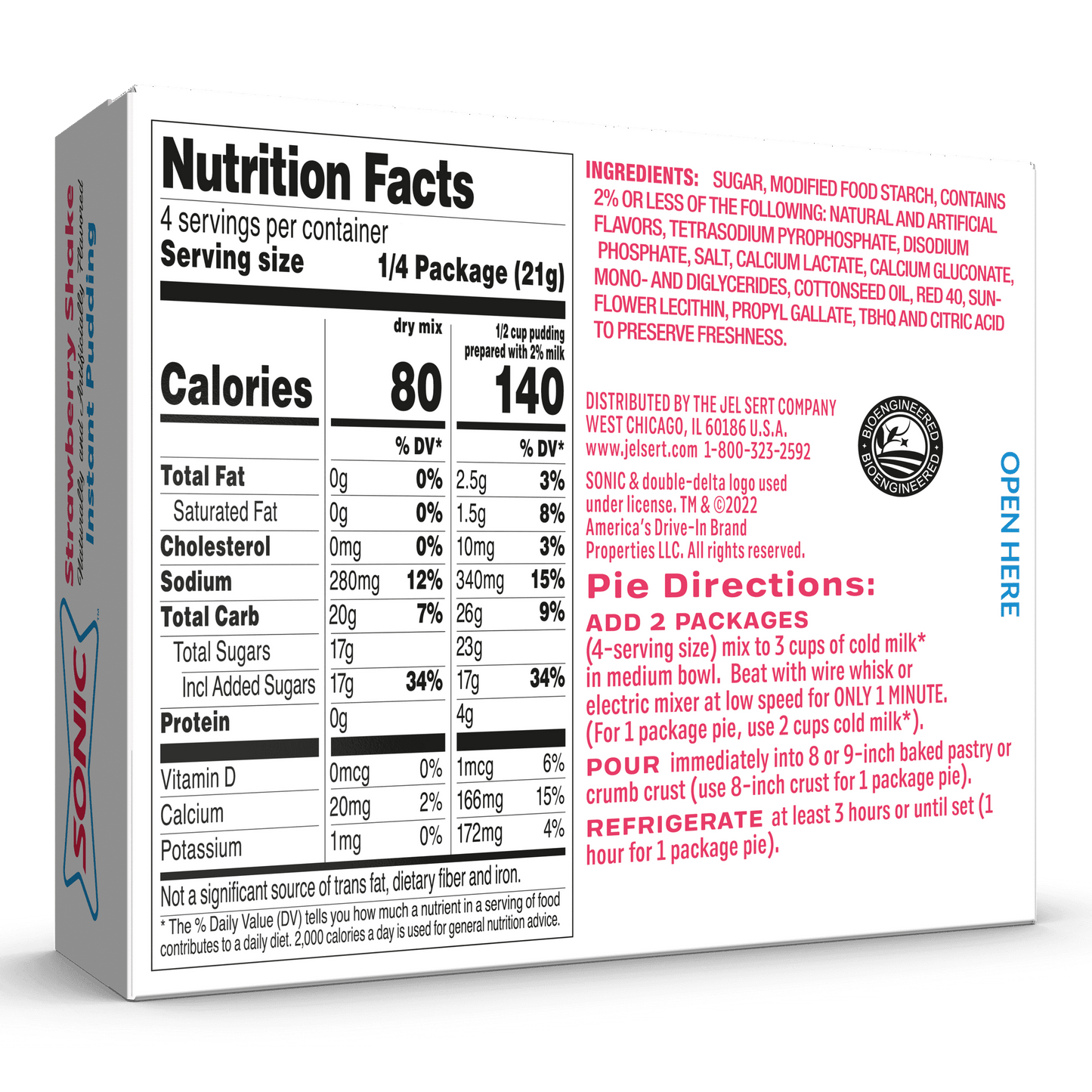 Sonic Strawberry Shake Instant Pudding Mix, 4 Servings, 3.03 oz Cardboard Box (Pack of 3)