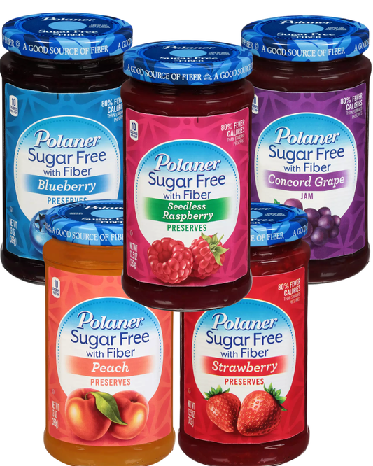 Polaner Sugar-Free Jam Variety Pack with Fiber - 5 Delicious Flavors(Seedless Raspberry, Blueberry, Strawberry, Concord Grape, and Peach) 13-13.5 oz Jars