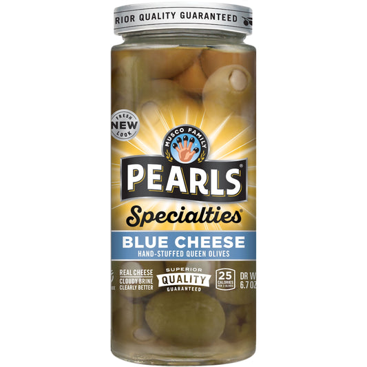 Pearls Specialties Blue Cheese Stuffed Greek Queen Olives 6.7 oz. Jar. (Pack of 4)