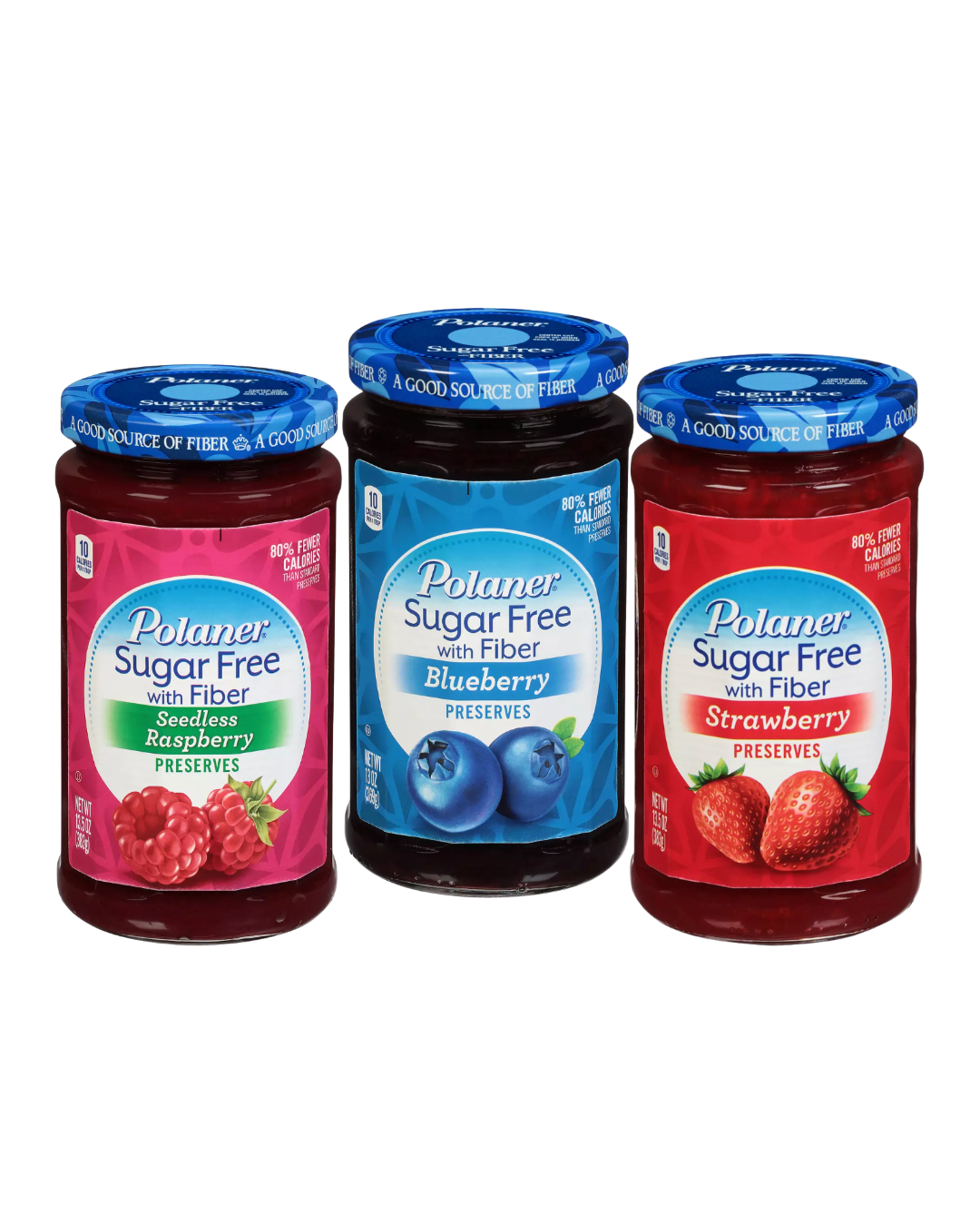 Polaner Sugar-Free Jam Variety Pack with Fiber - 3 Delicious Flavors (Seedless Raspberry, Blueberry, and Strawberry) 13.5 oz