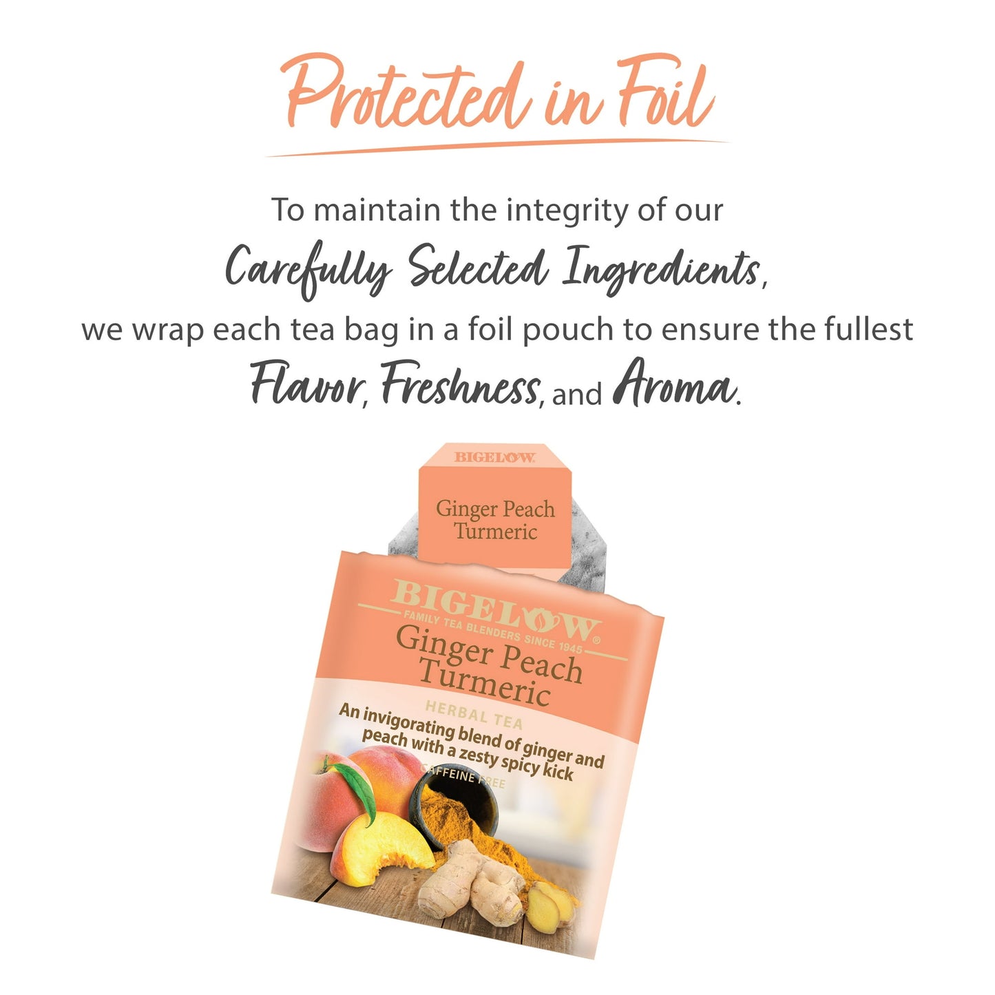 Bigelow Ginger Peach Tumeric, Caffeine Free, Herbal Tea Bags, 18 Count