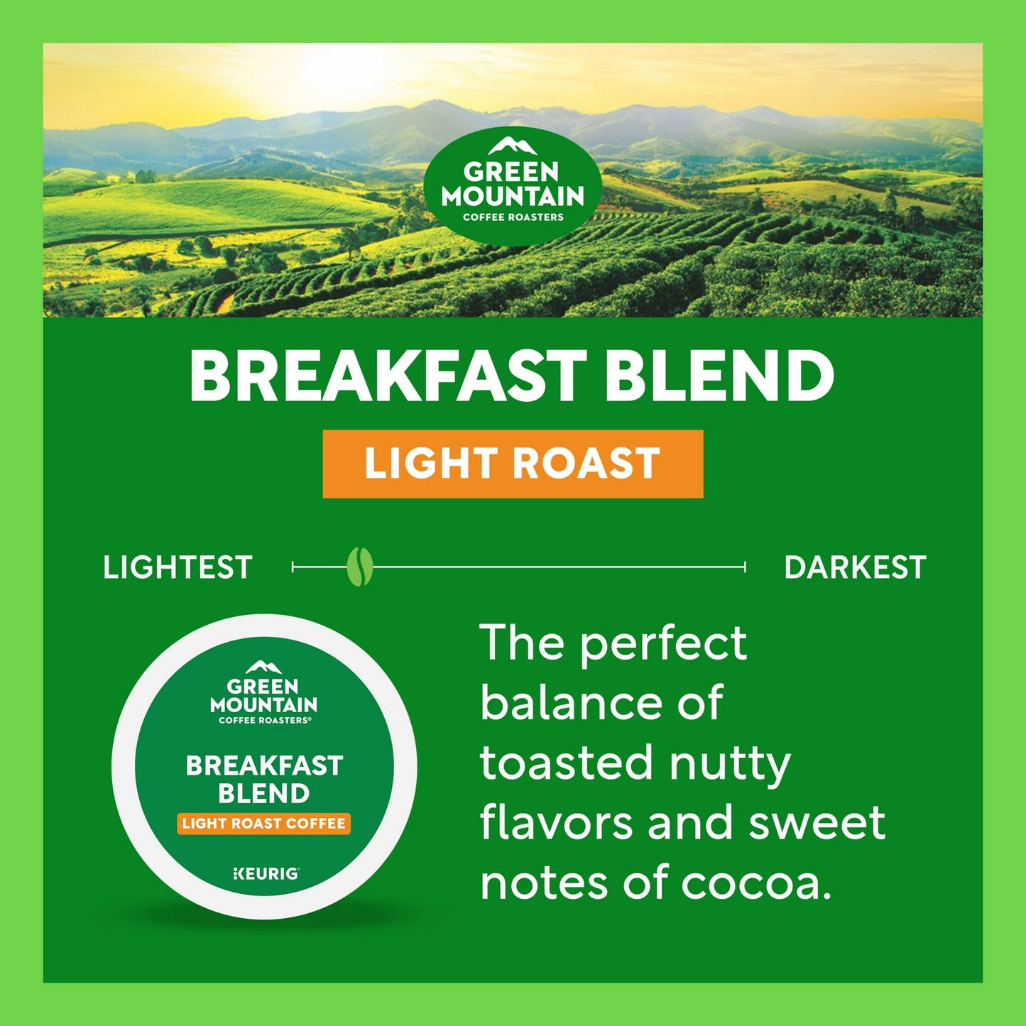 Green Mountain Coffee Roasters, Breakfast Blend Light Roast K-Cup Coffee Pods, 60 Count,18.8 oz