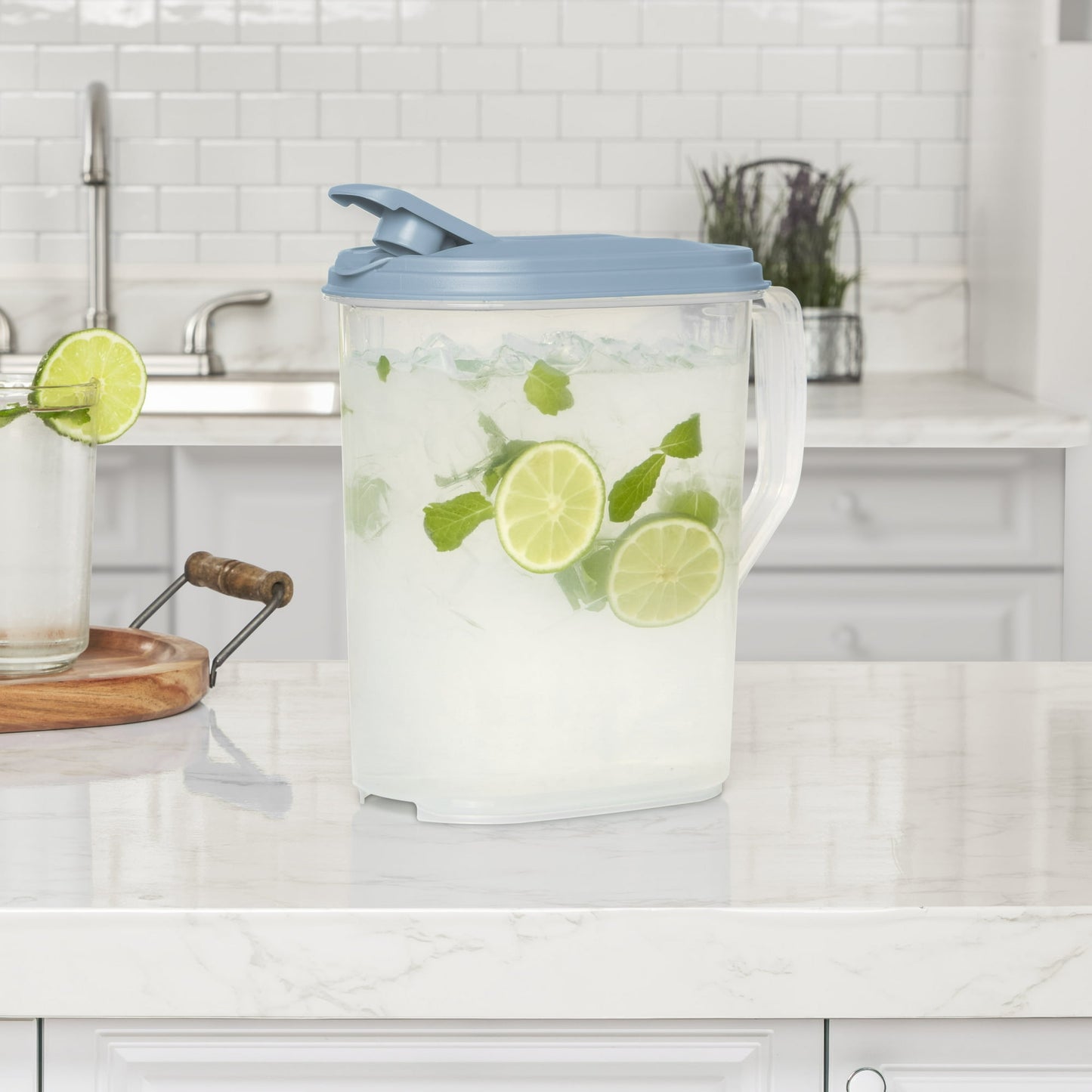 Sterilite 1 Gallon Pitcher, Clear Plastic, Flip-top Spout, Light Blue