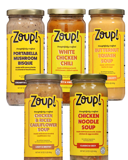 Zoup! Soup Variety Pack - 5 Shelf-Stable Flavors  (Chicken & Riced Cauliflower, Chicken Noodle, Portobello Mushroom Bisque, White Chicken Chili, and Butternut Squash Soup) 16 oz Each