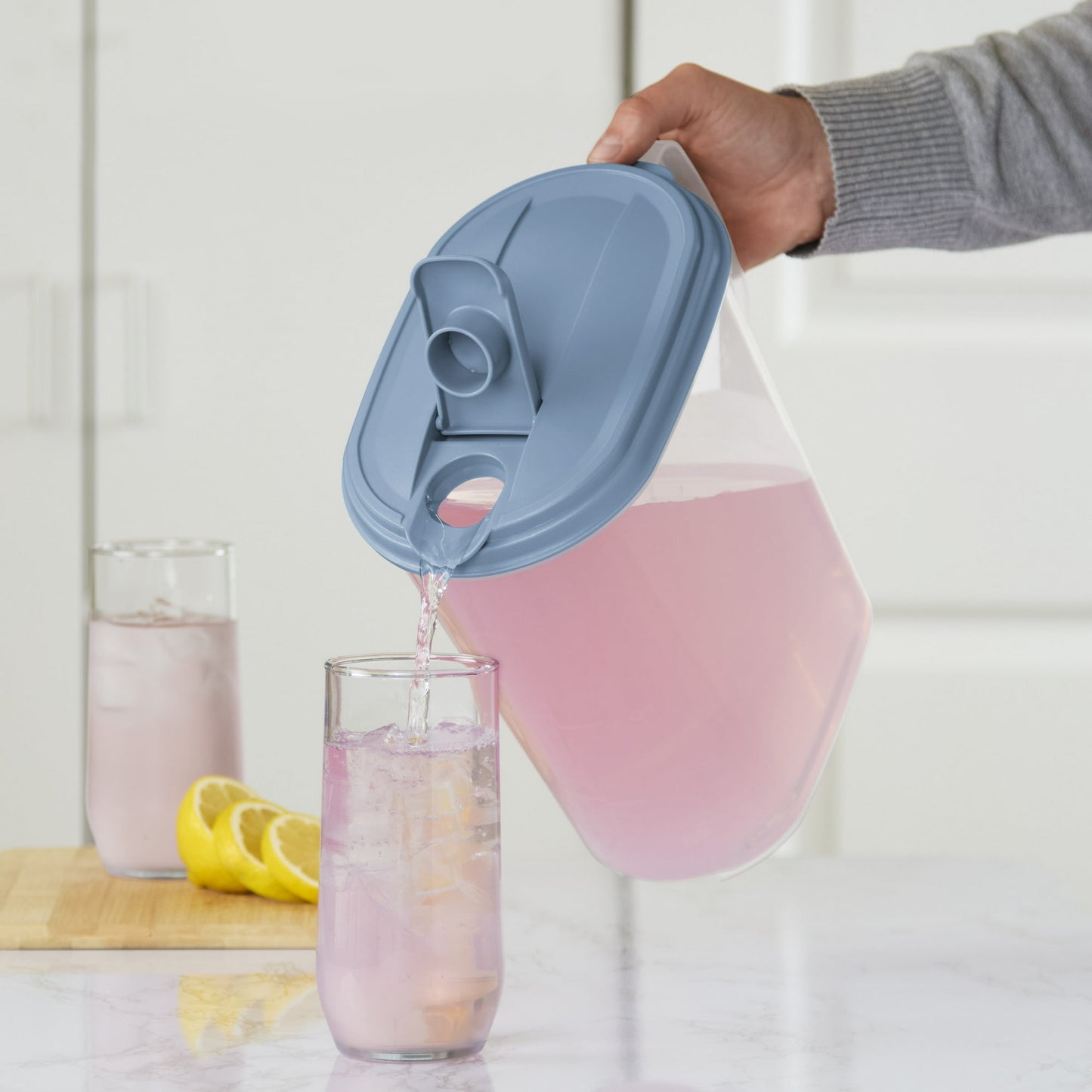 Sterilite 1 Gallon Pitcher, Clear Plastic, Flip-top Spout, Light Blue